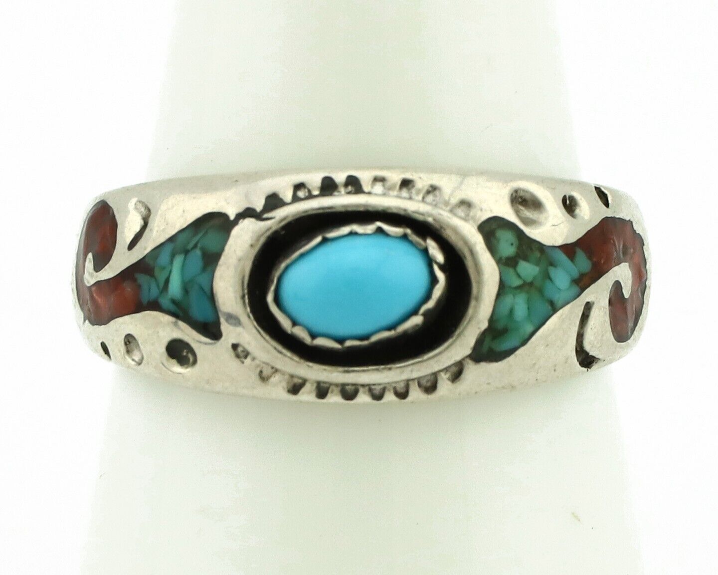 Navajo Handmade Ring 925 Silver Blue Turquoise & Coral Native American C.80's