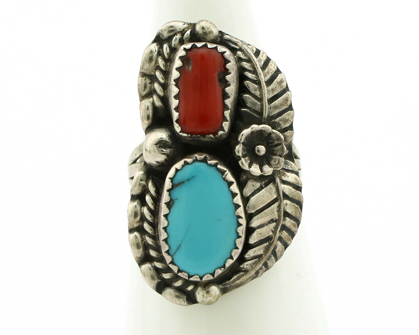 Navajo Ring .925 Silver Turquoise & Coral Artist Signed Thomas Singer C.80's