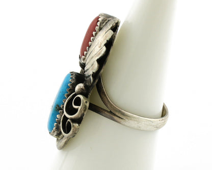 Navajo Ring 925 Silver Turquoise & Coral Artist Signed Native American C.80s