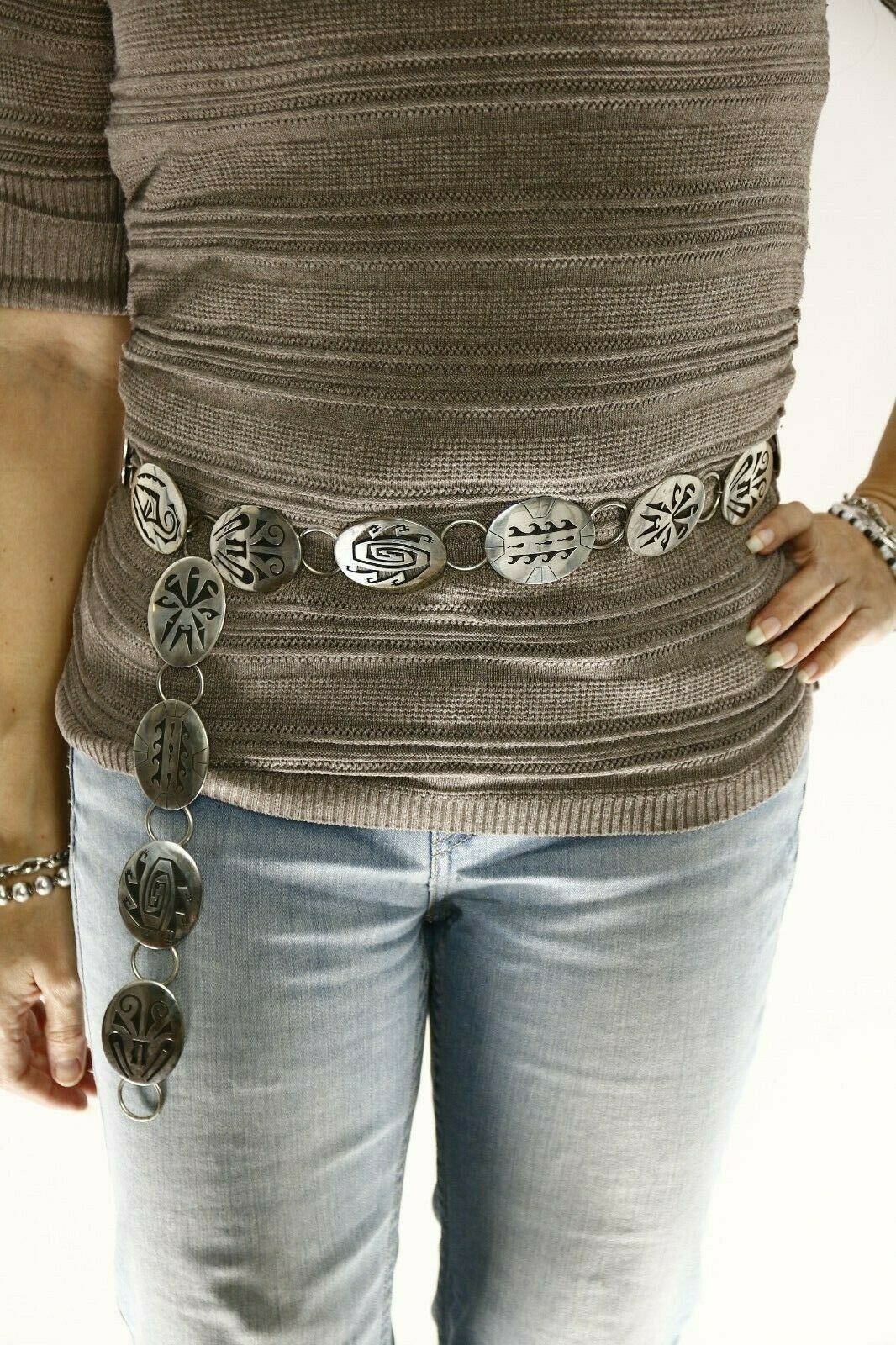Hopi Concho Belt .925 SOLID Sterling Silver Signed Casey Cuch Overlay C.80's