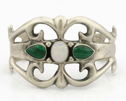 Navajo Sand Cast Bracelet .925 Silver Malachite & Opal Native Artist C.80's