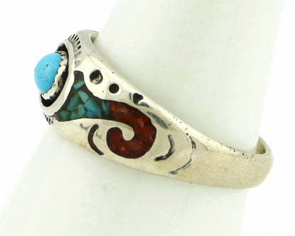 Navajo Handmade Ring 925 Silver Blue Turquoise & Coral Native American C.80's