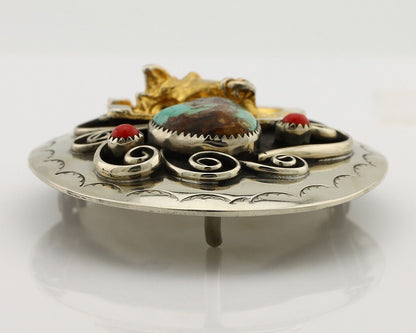 Navajo Eagle Head Belt Buckle .999 Nickle Turquoise & Coral Native Artist C80s