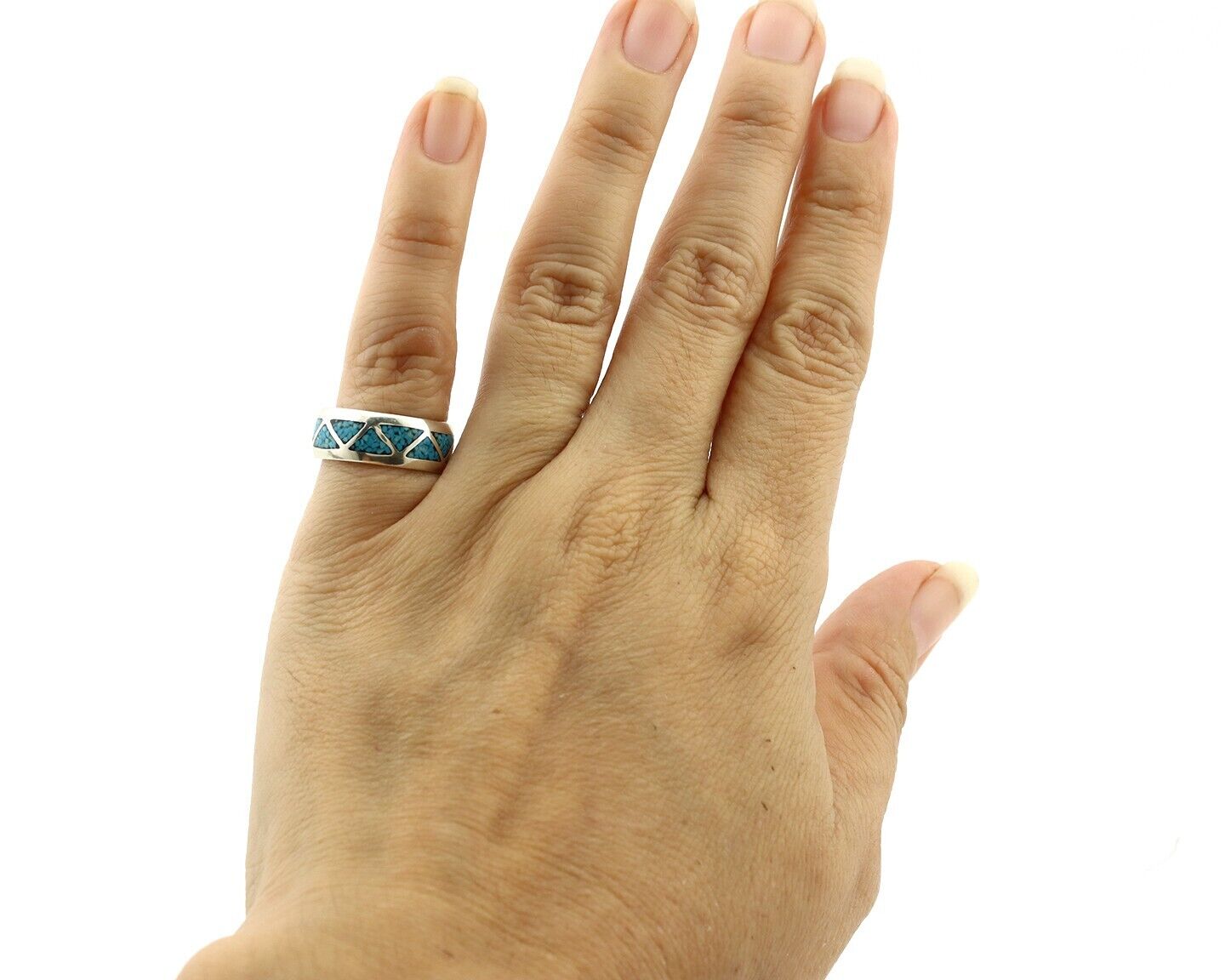 Navajo Chip Inlay Ring 925 Silver Sleeping Beauty Turquoise Artist Silver Cloud