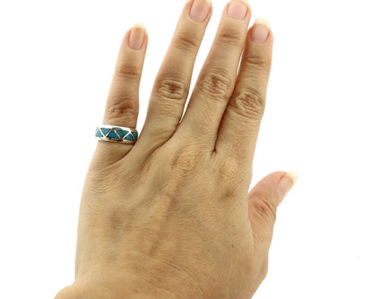 Navajo Chip Inlay Ring 925 Silver Sleeping Beauty Turquoise Artist Silver Cloud