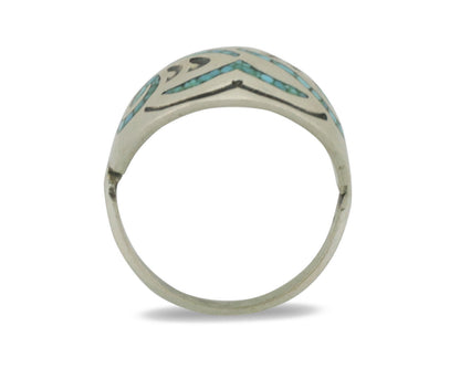 Navajo Ring 925 Silver Chip Inlay Turquoise Artist Signed Thomas Singer C.80's