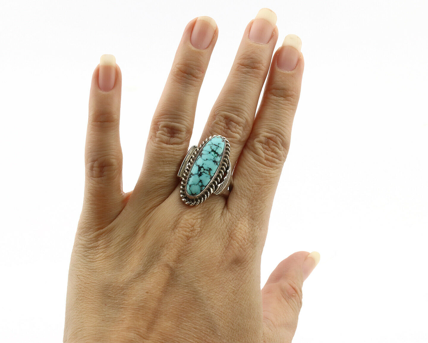 Navajo Ring .925 Silver Blue Spiderweb Turquoise Signed Fred Guerrero C.1980's