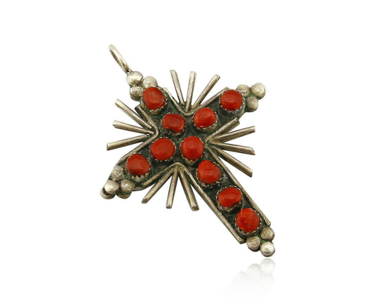 Zuni REAL Turquoise and Coral Reversible 925 Silver Handmade Cross Pendant