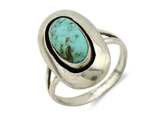 Navajo Shadow Box Ring .925 Silver Kingman Turquoise Signed M Montoya C80s