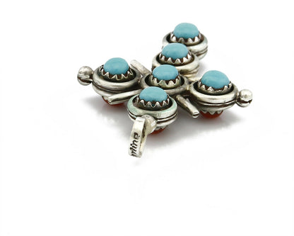Zuni Natural Turquoise and Coral Reversible 925 Silver Handmade Pendant