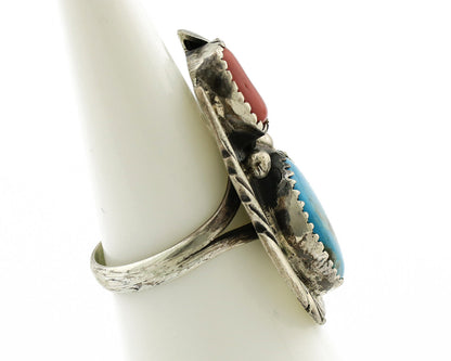Navajo Ring 925 Silver Turquoise & Coral Artist Signed Native American C.80s