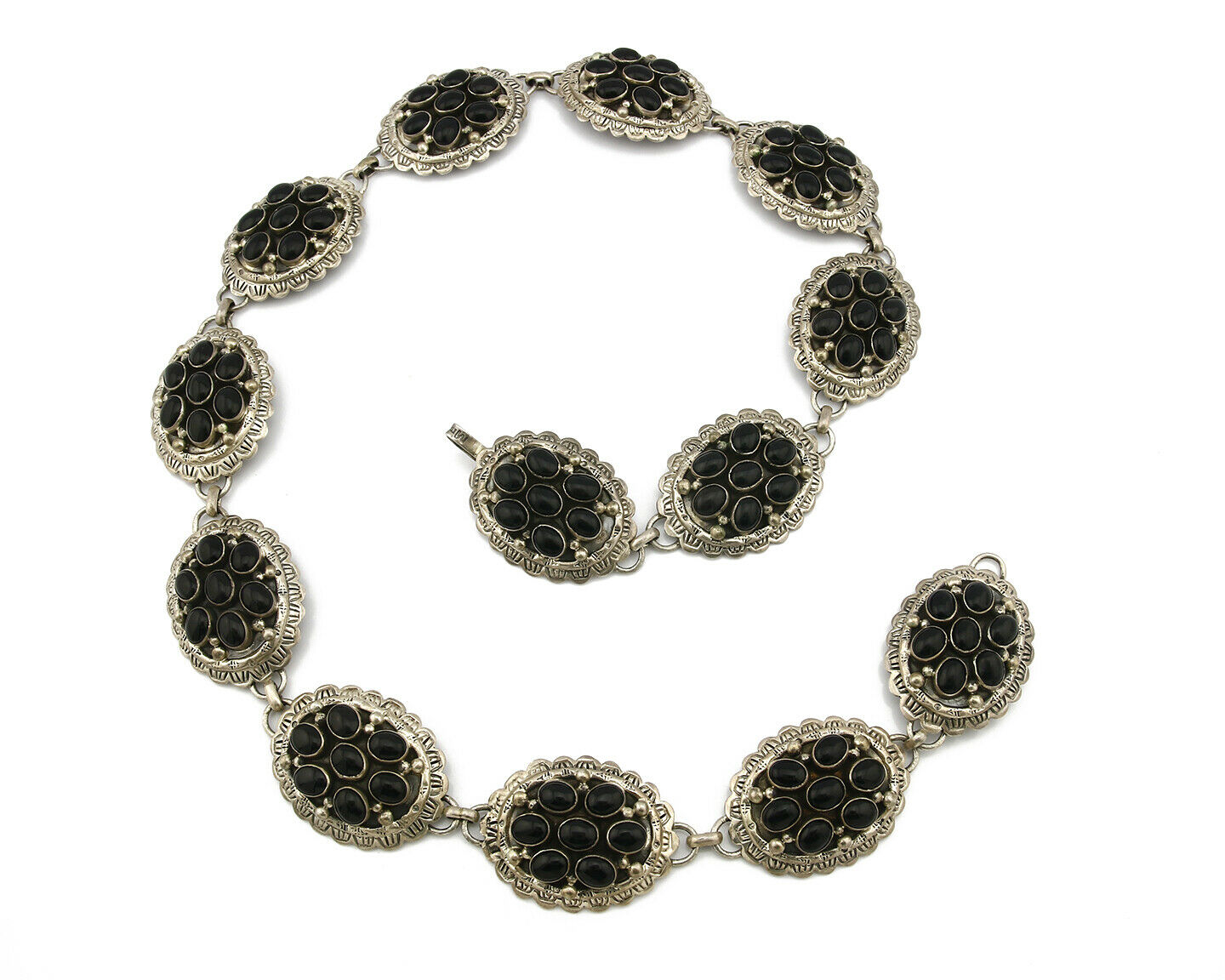 Navajo Concho Belt .925 Silver Onyx Signed M Montoya 80's