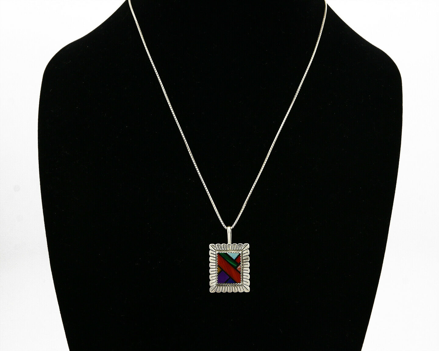 QVC Navajo Inlaid & Block Gemstone Pendant .925 Silver Handmade Signed QT .80's