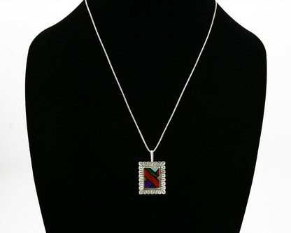 QVC Navajo Inlaid & Block Gemstone Pendant .925 Silver Handmade Signed QT .80's