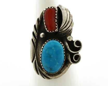 Navajo Ring 925 Silver Turquoise & Coral Artist Signed Native American C.80s