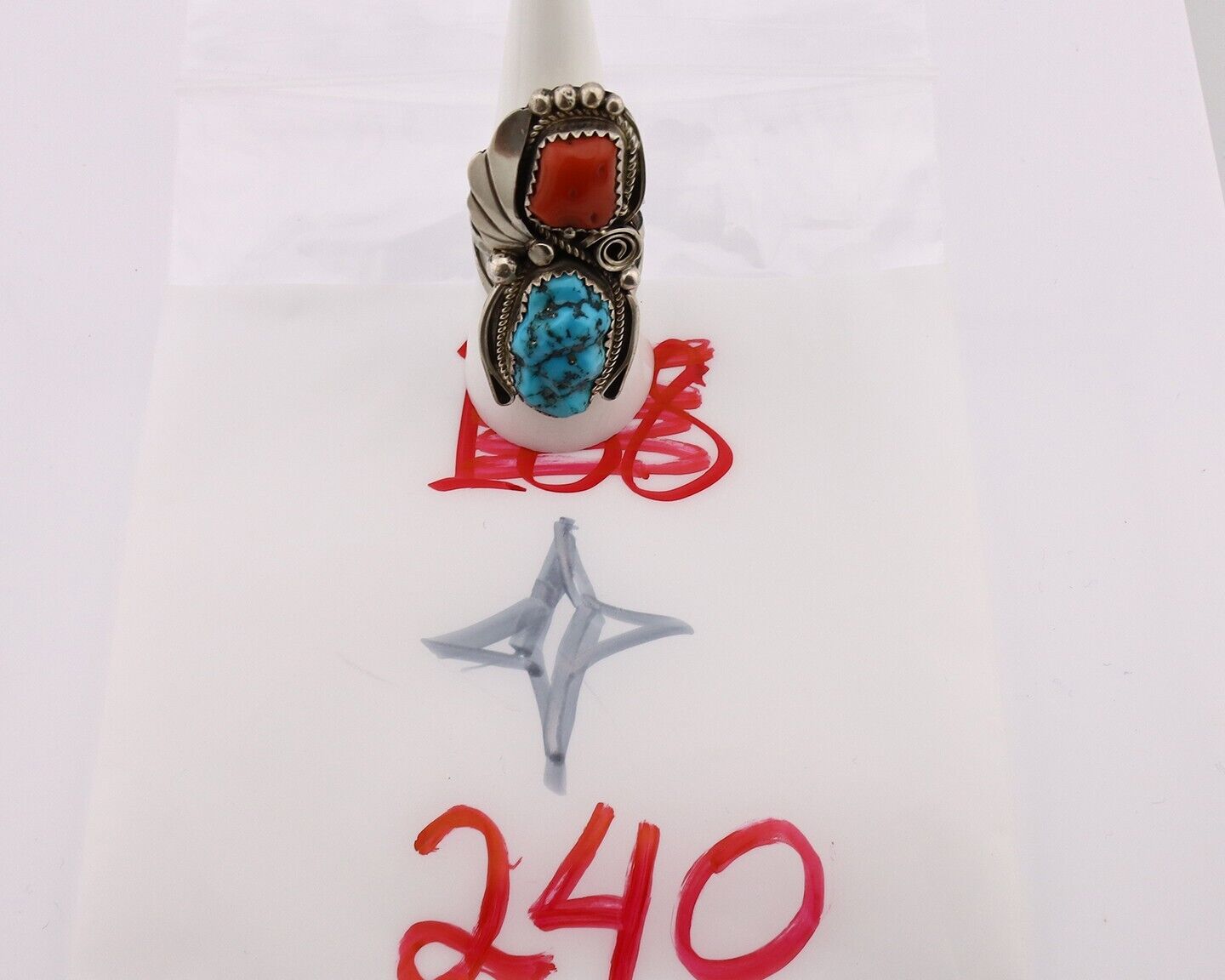 Navajo Ring 925 Silver Blue Turquiose & Coral Artist Signed Justin Morris C.80's