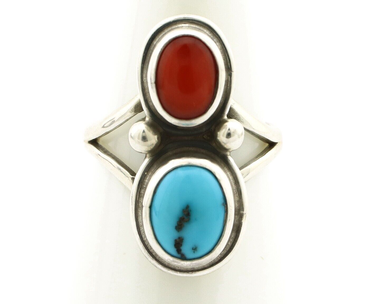 Navajo Handmade Ring 925 Silver Coral & Turquoise Native American Artist C.80's