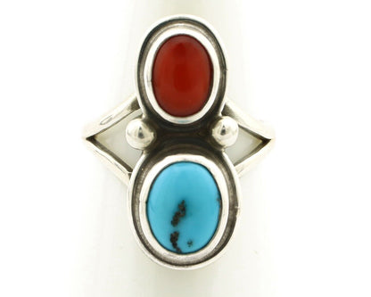 Navajo Handmade Ring 925 Silver Coral & Turquoise Native American Artist C.80's