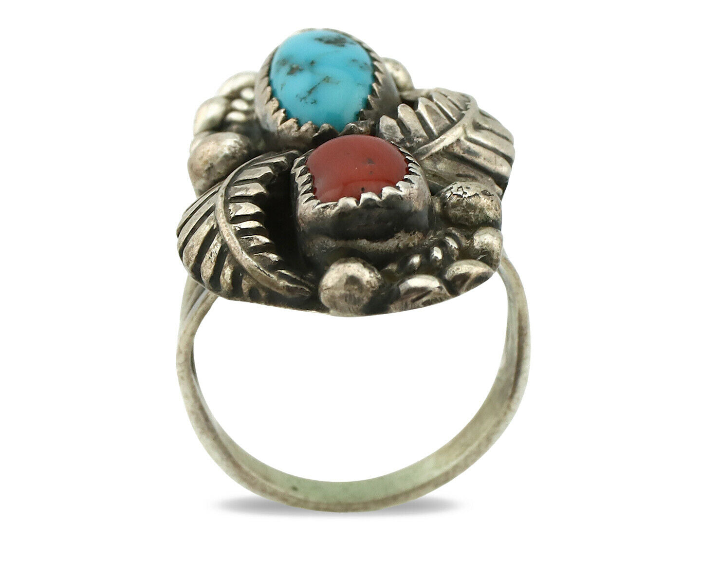 Navajo Ring .925 Silver Turquoise & Coral Artist Signed Thomas Singer C.80's
