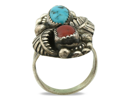 Navajo Ring .925 Silver Turquoise & Coral Artist Signed Thomas Singer C.80's