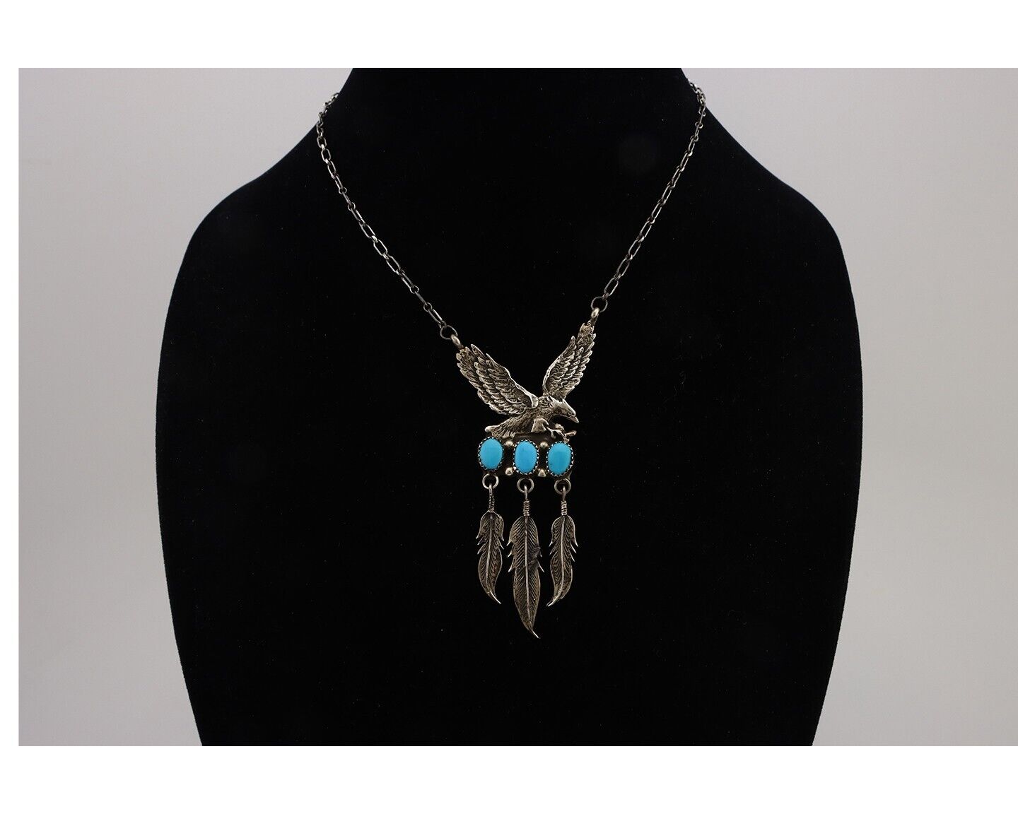 Navajo Necklace 925 Silver Sleeping Beauty Turquoise Artist Signed RB C.80's