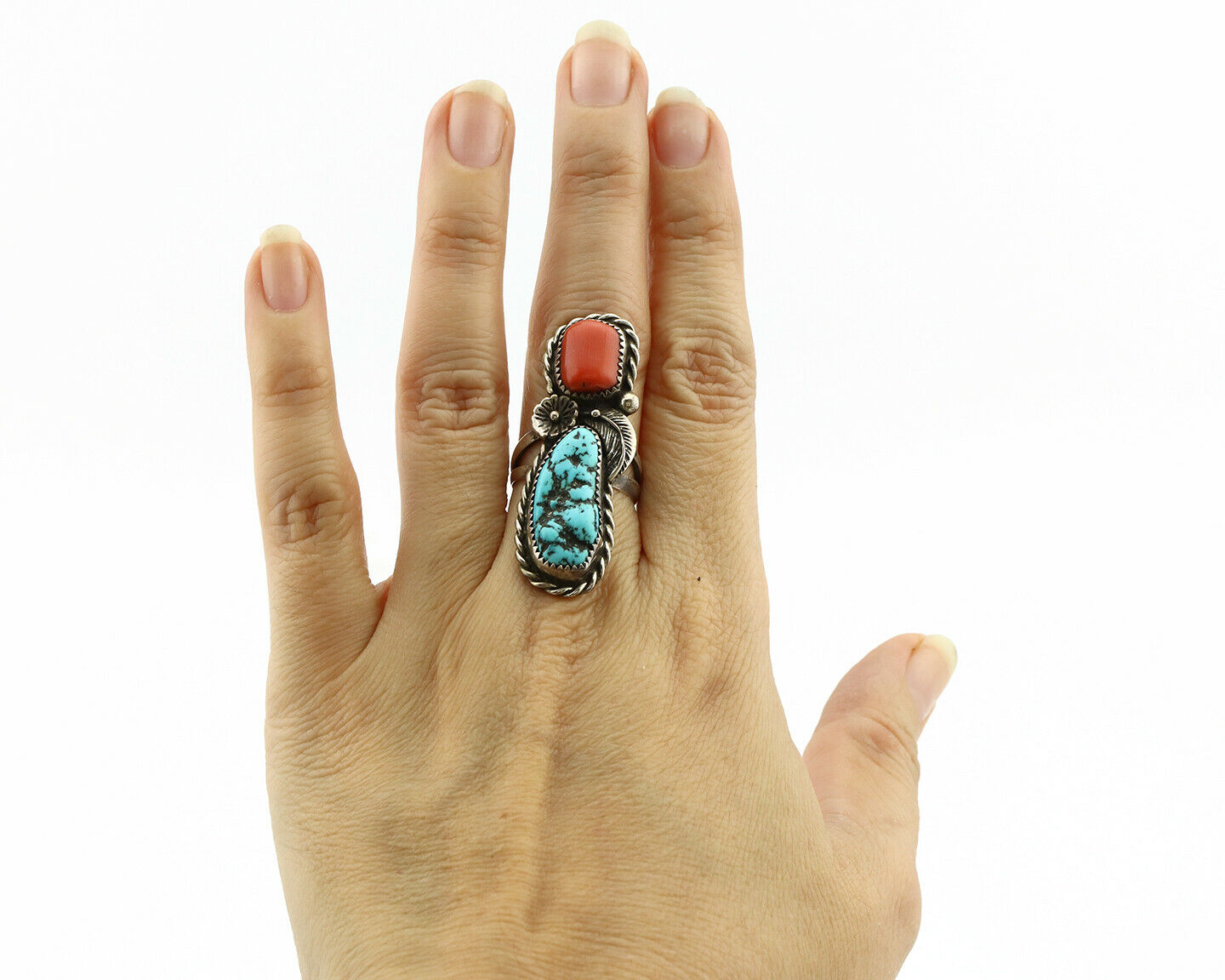 Navajo Ring .925 Silver Turquoise & Coral Native American Artist C.1980's