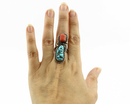 Navajo Ring .925 Silver Turquoise & Coral Native American Artist C.1980's