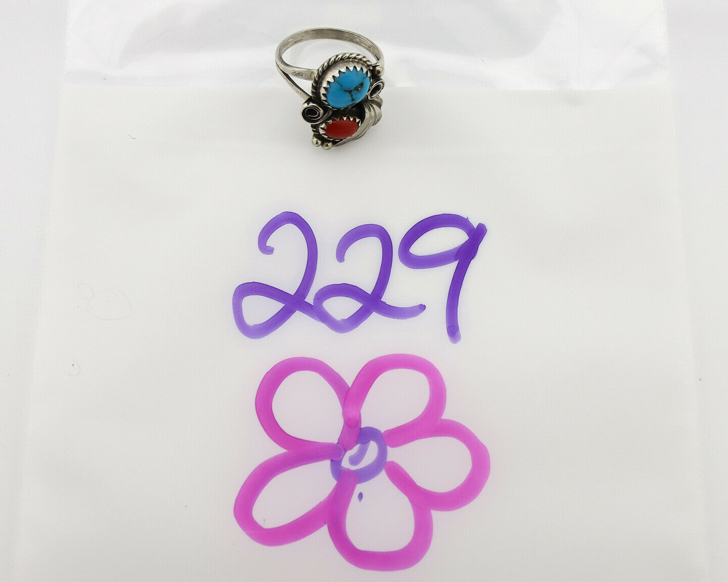 Navajo Ring .925 Silver Morenci Turquoise & Coral Native Artist Signed JM C.80's