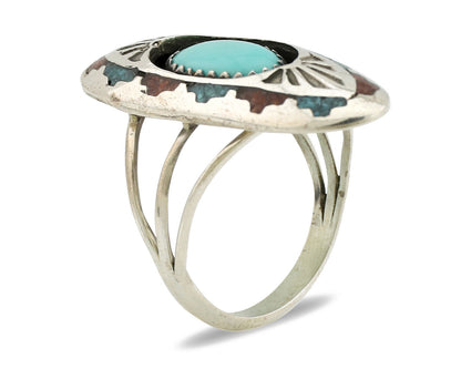 Navajo Ring 925 Silver Turquoise & Coral Signed Circle JW C.80s