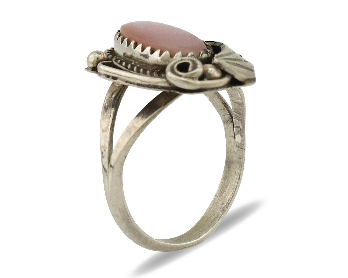 Navajo Ring .925 Silver Natural Pink Mussel Artist Signed Justin Morris C.80's