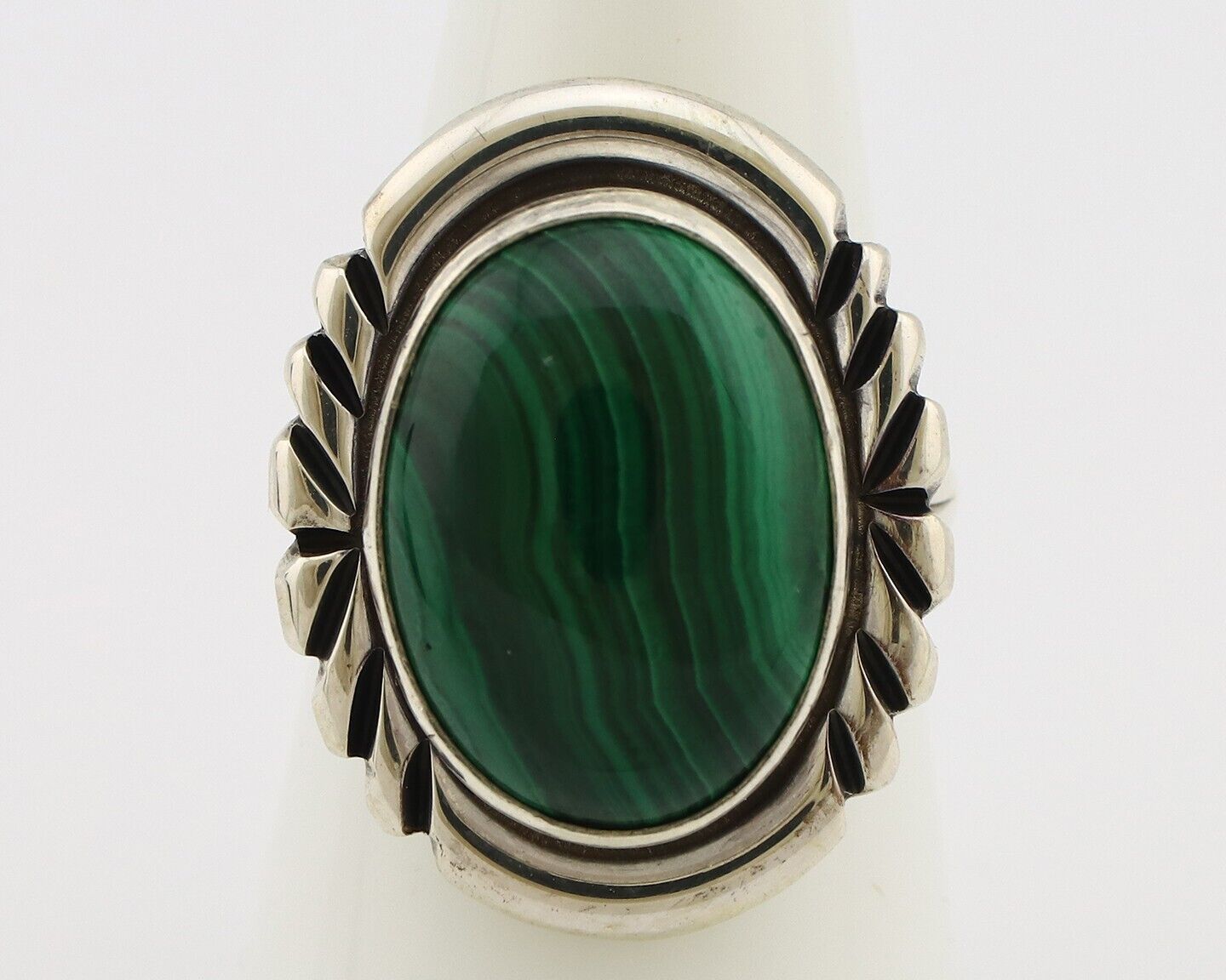 Navajo Ring 925 Silver Hand Stamped Natural Malachite Artist Signed NAKAI C.80's