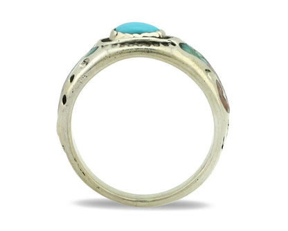 Navajo Handmade Ring 925 Silver Blue Turquoise & Coral Native American C.80's