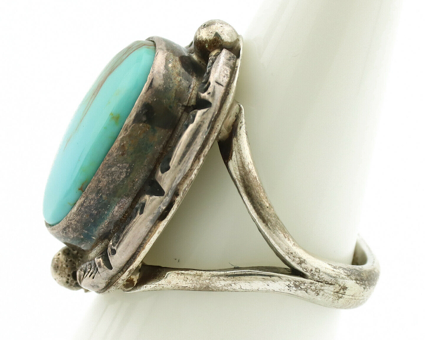 Navajo Ring .925 Silver Kingman Turquoise Artist Signed Gecko C.1980's