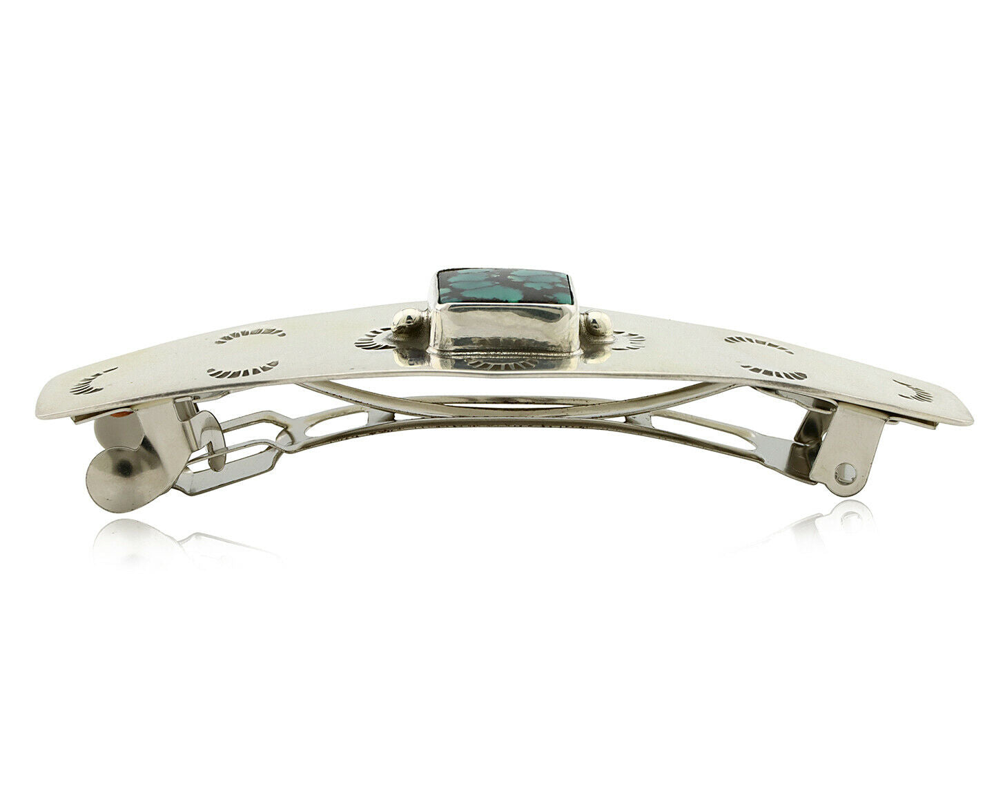 Navajo Hair Clip .925 Silver Green Spiderweb Turquoise Barrette C.80's