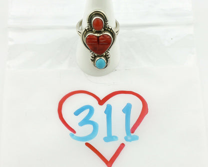 Navajo Ring .925 Silver Natural Coral & Turquoise Signed Carrol Felley C.80's
