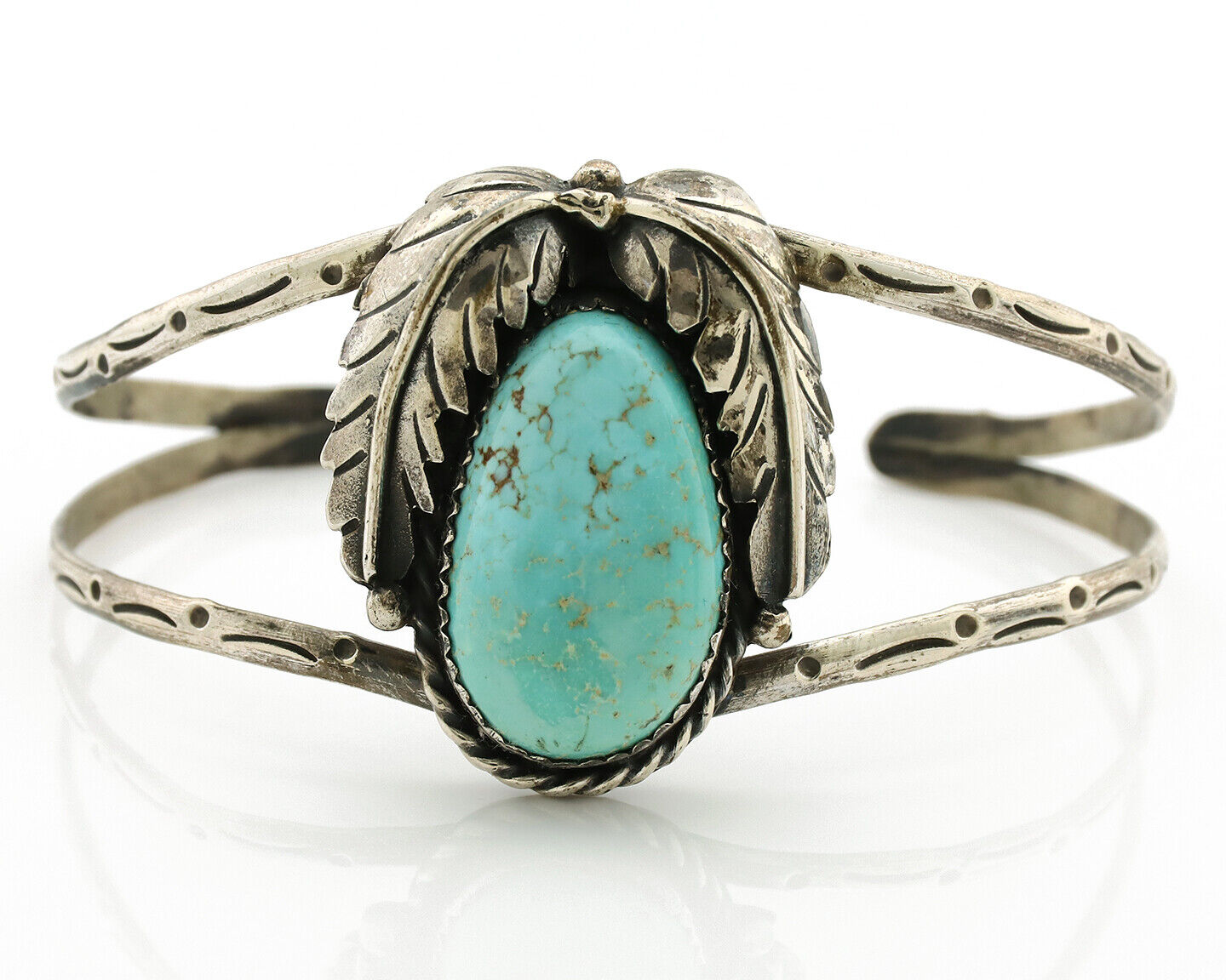 Navajo Bracelet .925 Silver Powder Blue Natural Turquoise Signed Sun C.80's