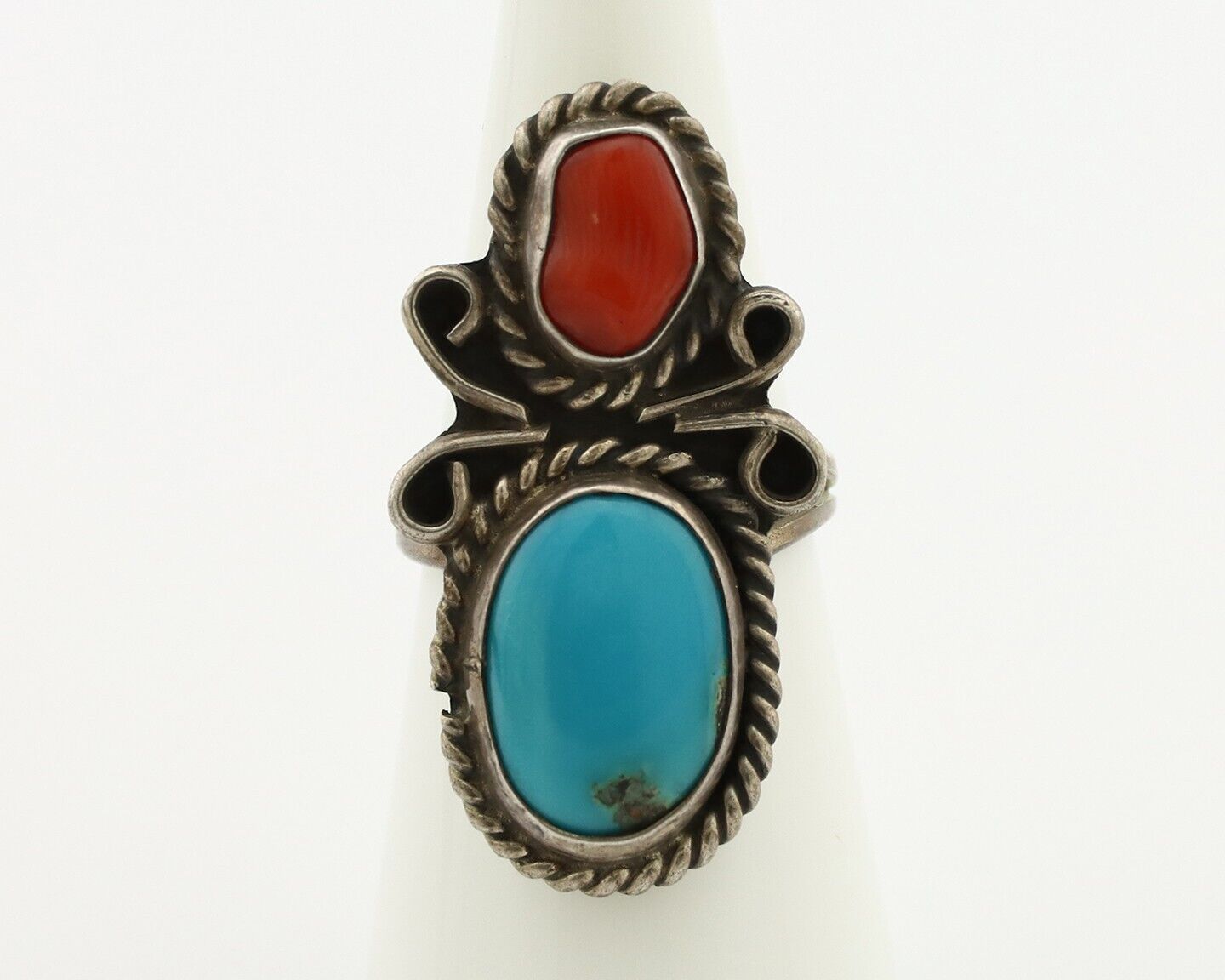 Navajo Ring 925 Silver Blue Turquiose & Mediterranean Coral Native Artist C.80's