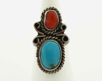 Navajo Ring 925 Silver Blue Turquiose & Mediterranean Coral Native Artist C.80's