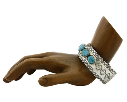Navajo Bracelet .925 Silver Spiderweb Turquoise Artist Denetdale Circa 80's