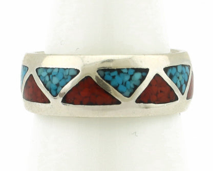 Navajo Ring 925 Silver Natural Turquoise & Coral Native American Artist C.80's