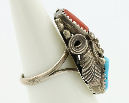 Navajo Handmade Ring 925 Silver Turquiose & Coral Native American Artist C.80's