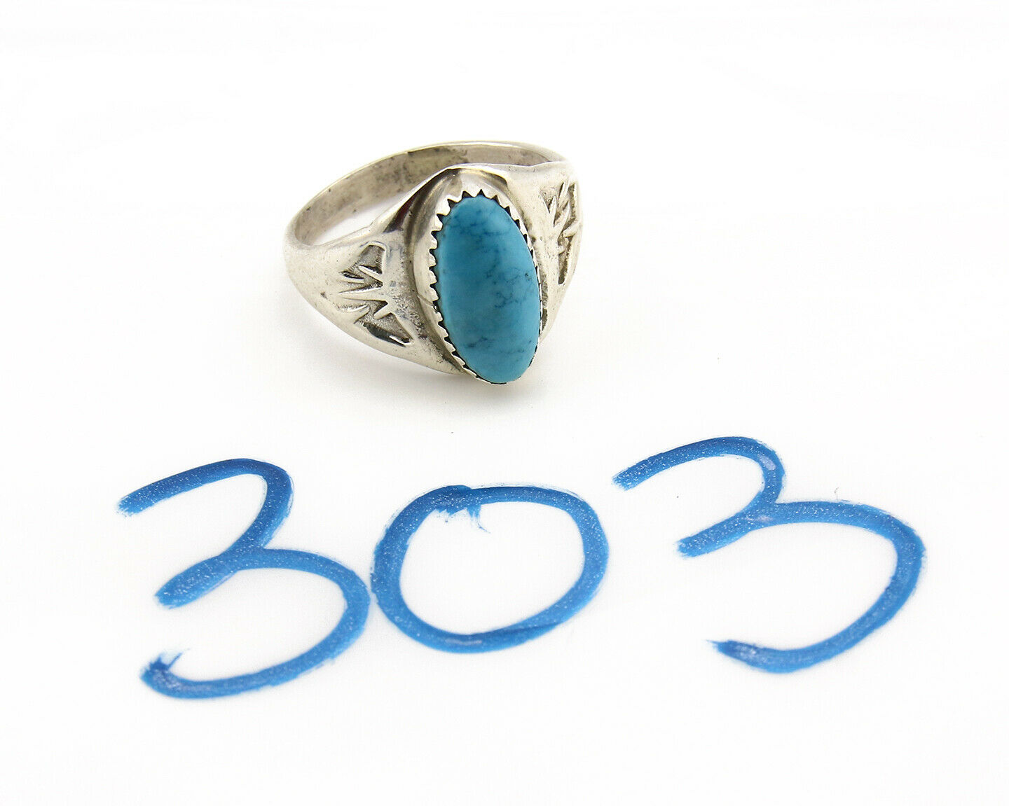 Zuni Ring .925 Silver Kingman Turquoise Hand Stamped Native American C.80's