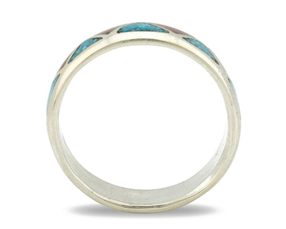 Navajo Ring 925 Silver Natural Turquoise & Coral Native American Artist C.80's