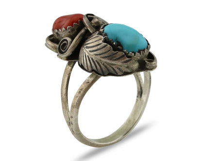Navajo Handmade Ring 925 Silver Turquiose & Coral Native American Artist C.80's