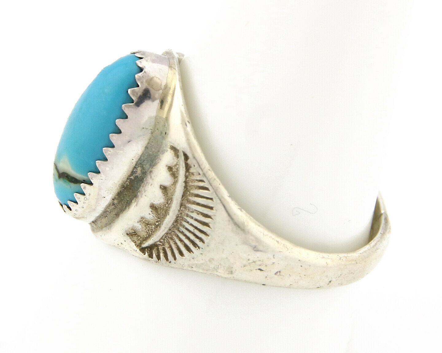 Zuni Ring .925 Silver Kingman Turquoise Hand Stamped Native American C.80's