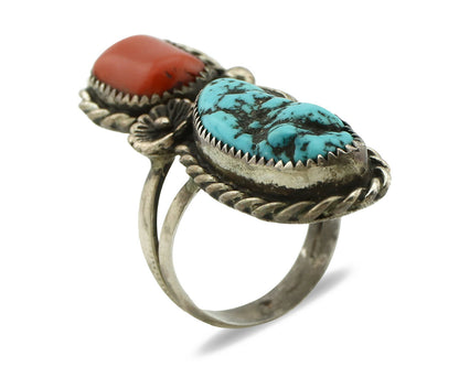 Navajo Ring .925 Silver Turquoise & Coral Native American Artist C.1980's