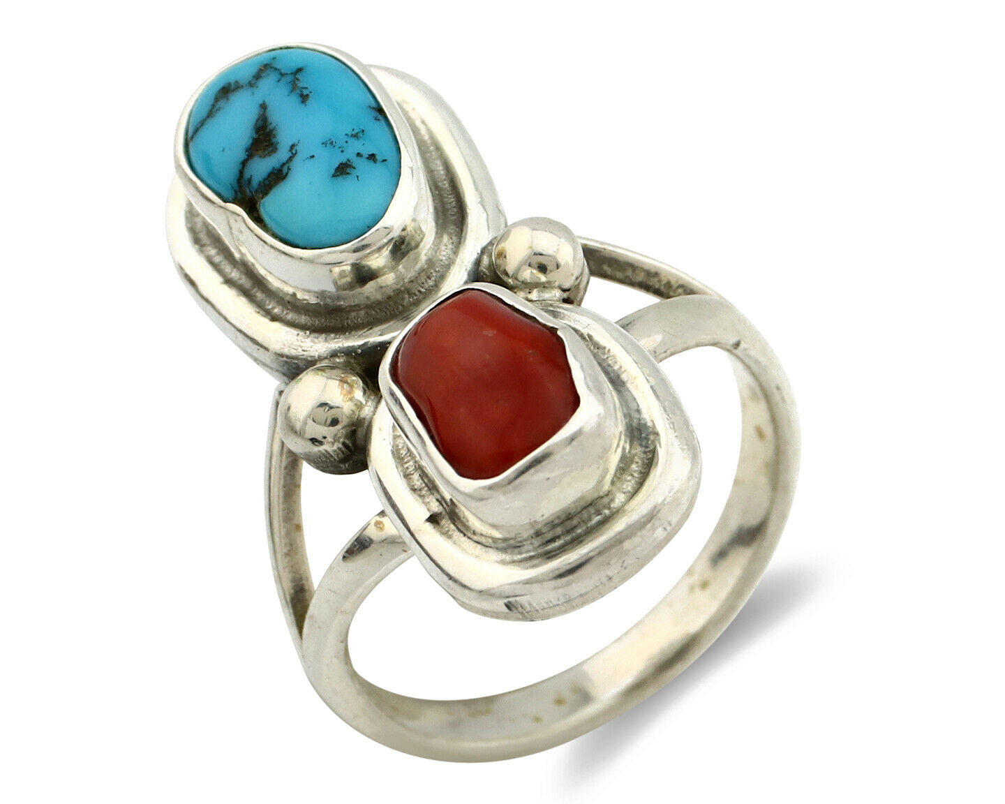 Navajo Ring .925 Silver Red Coral & Blue Turquoise Native Artist C.80's