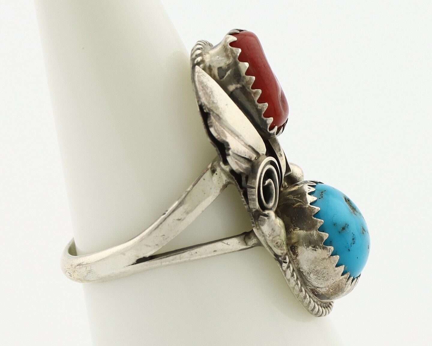 Navajo Ring 925 Silver Blue Turquiose & Coral Artist Signed Justin Morris C.80's