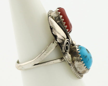 Navajo Ring 925 Silver Blue Turquiose & Coral Artist Signed Justin Morris C.80's