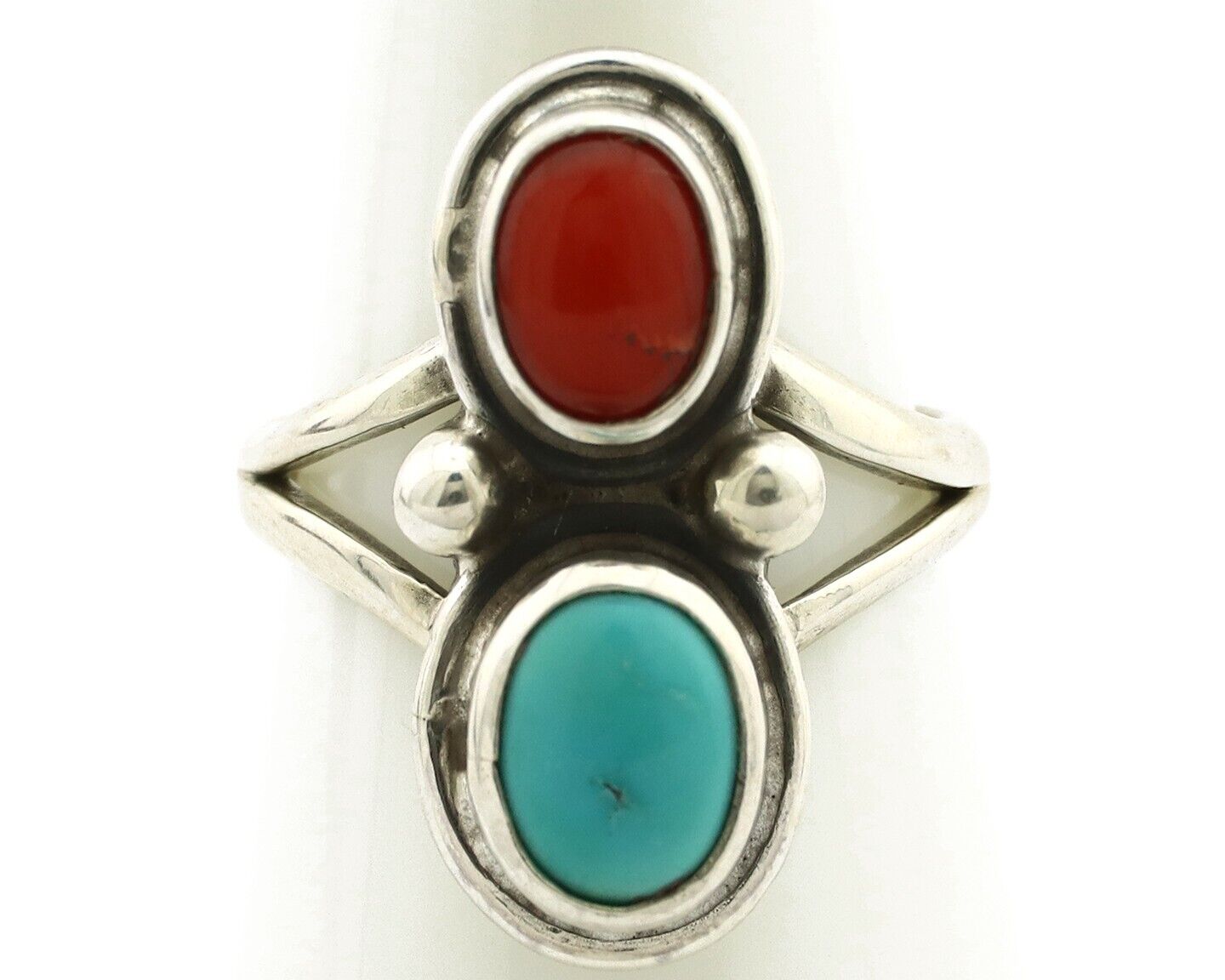 Navajo Handmade Ring 925 Silver Coral & Turquoise Native American Artist C.80's